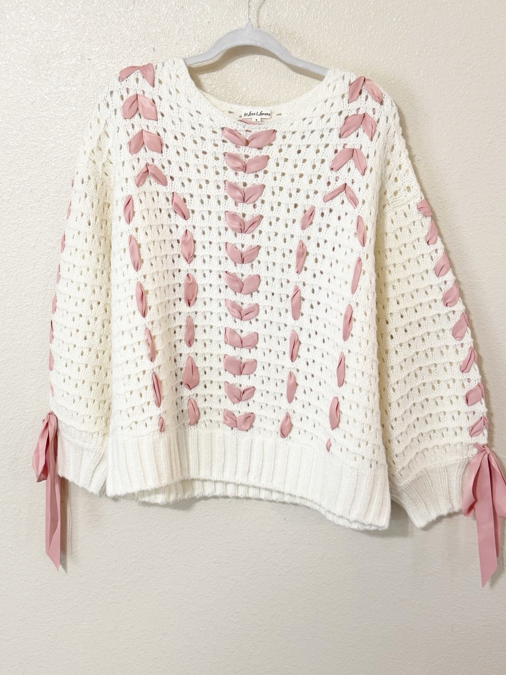 For Love & Lemons Laurel Oversized Cream & Pink Ribbon Sweater size small NEW - Picture 10 of 14